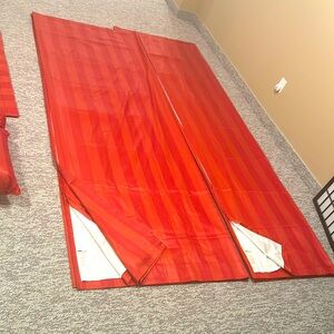 Red on red stripes curtains. Lines